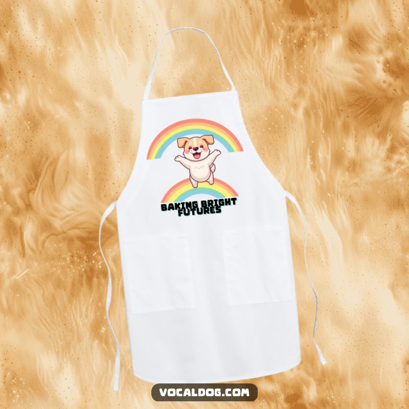 Funny apron showing a dog mid-leap over a rainbow, ready to cook up some fun in the kitchen.