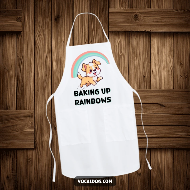 Funny apron with a cartoon dog character enthusiastically running towards a rainbow, perfect for chefs and home cooks who love humor.