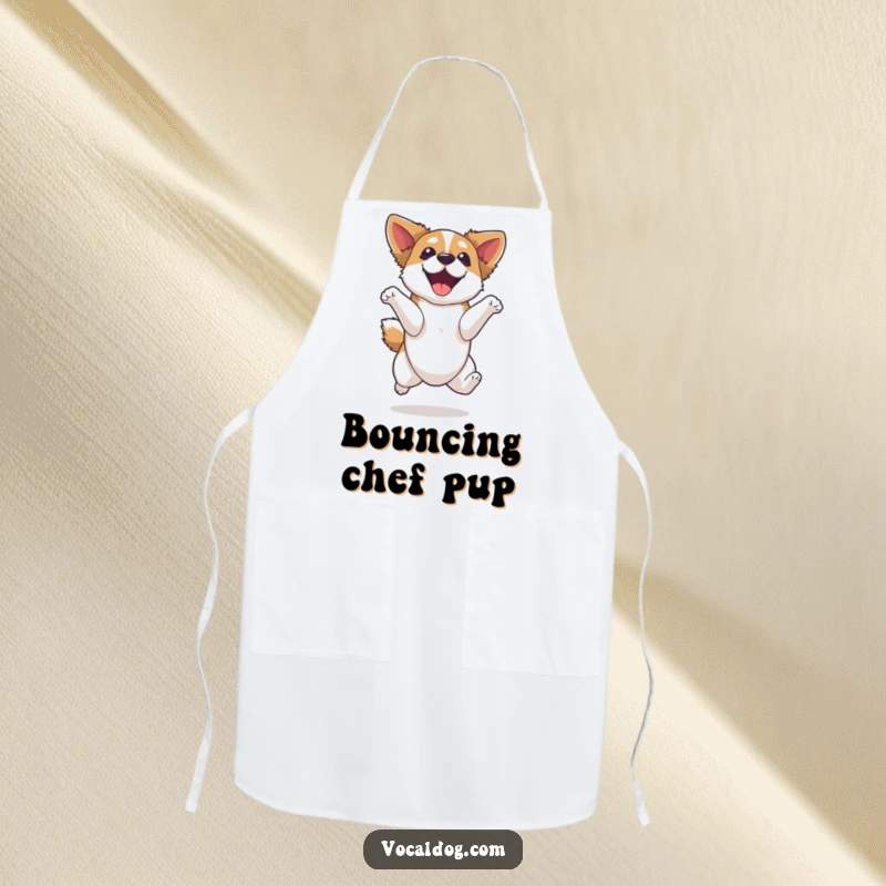 Funny dog apron, a dog captured mid-leap with a look of pure elation, bringing energetic humor and fun to the kitchen.