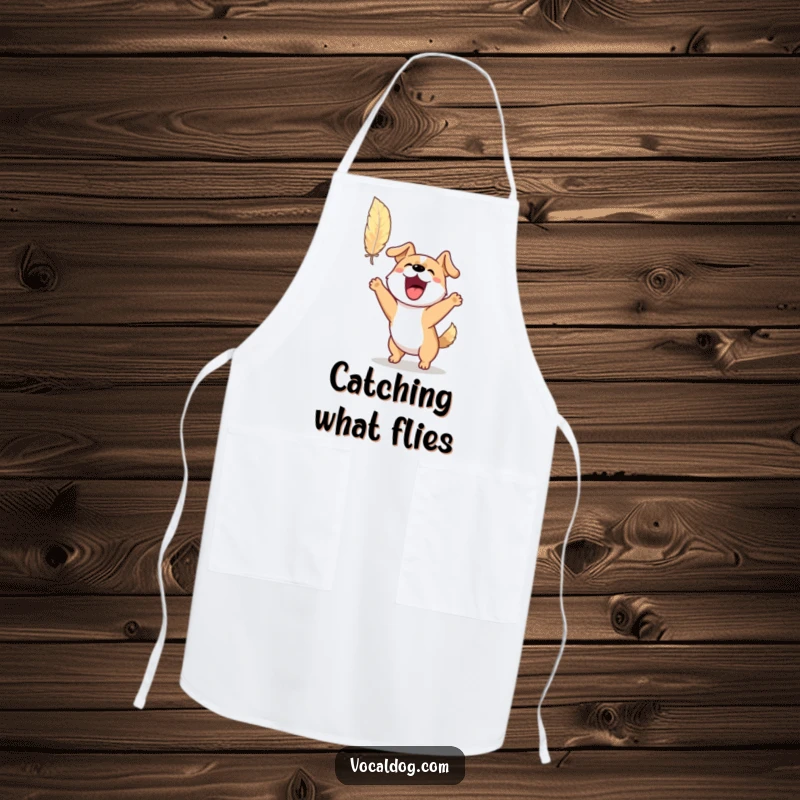 Funny apron depicting an excited dog barking and jumping to catch a floating feather, bringing playful energy to the kitchen.