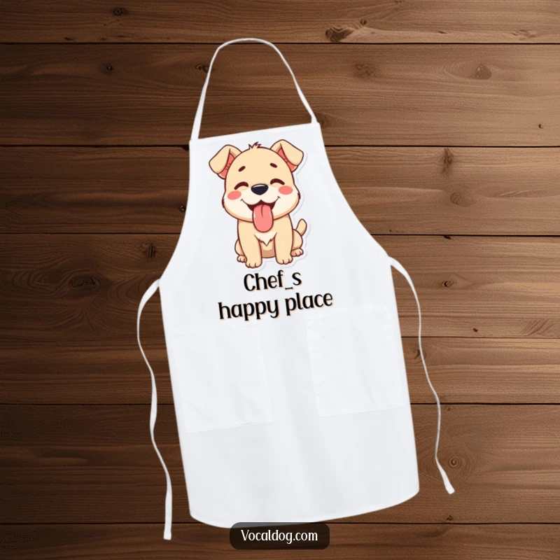 A happy dog character with its tongue lolling out in pure contentment, adding a humorous and joyful touch to this kitchen apron.