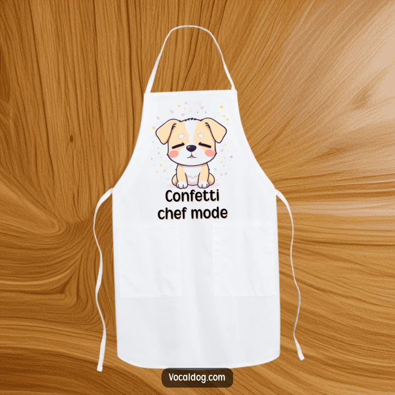 Funny apron depicting a dog blissfully enjoying a sparkling confetti shower with eyes closed, suitable for party chefs.