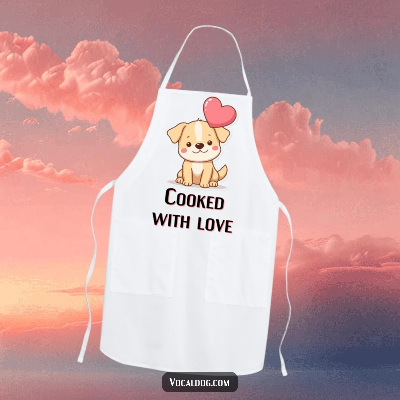 Funny heart dog apron with a dog featuring a large floating heart, adding a humorous and loving touch to cooking. Great funny gift.