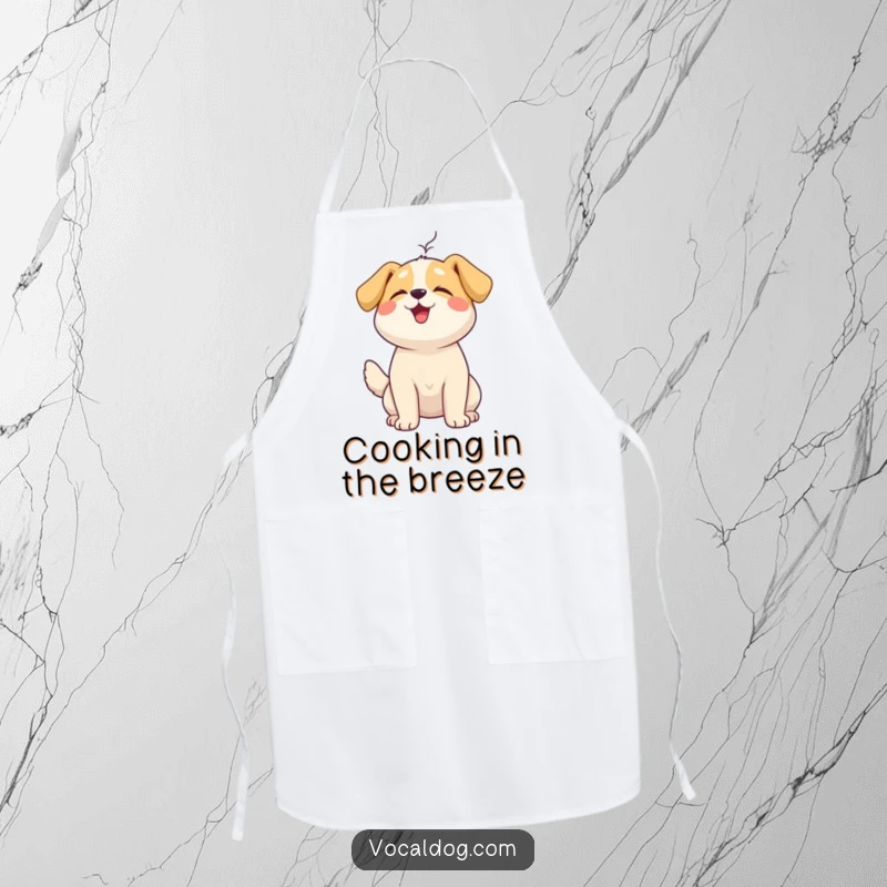 Funny Apron of a happy dog character tilting its head up, enjoying a gentle breeze while cooking.