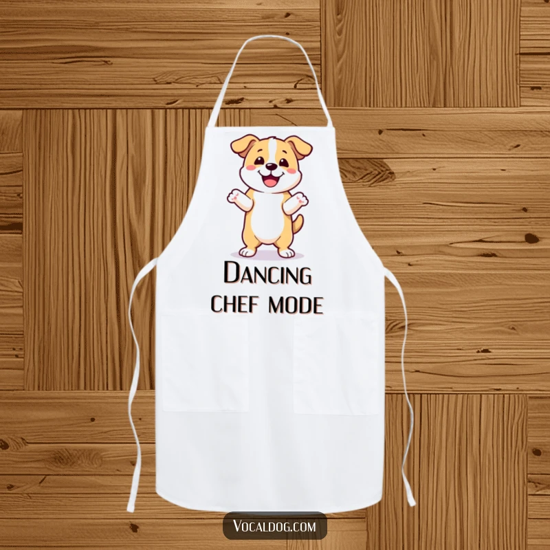 Funny happy dance dog apron with a dog joyfully dancing with front paws up, adding a humorous and energetic touch to cooking. Great funny gift.