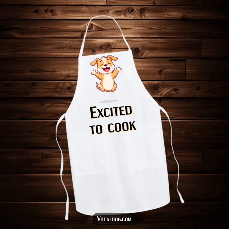 Funny apron with a dog character bouncing enthusiastically on its hind legs, ready to add energy to the kitchen.