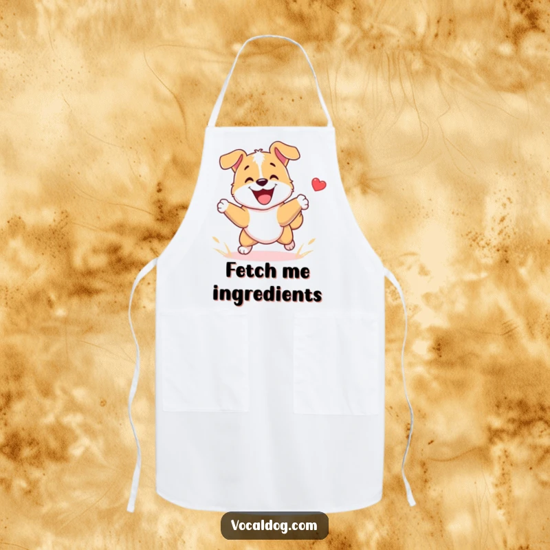 Funny Dog Apron showing a dog character playing fetch with immense happiness, promoting playful joy with a humorous and practical kitchen accessory.