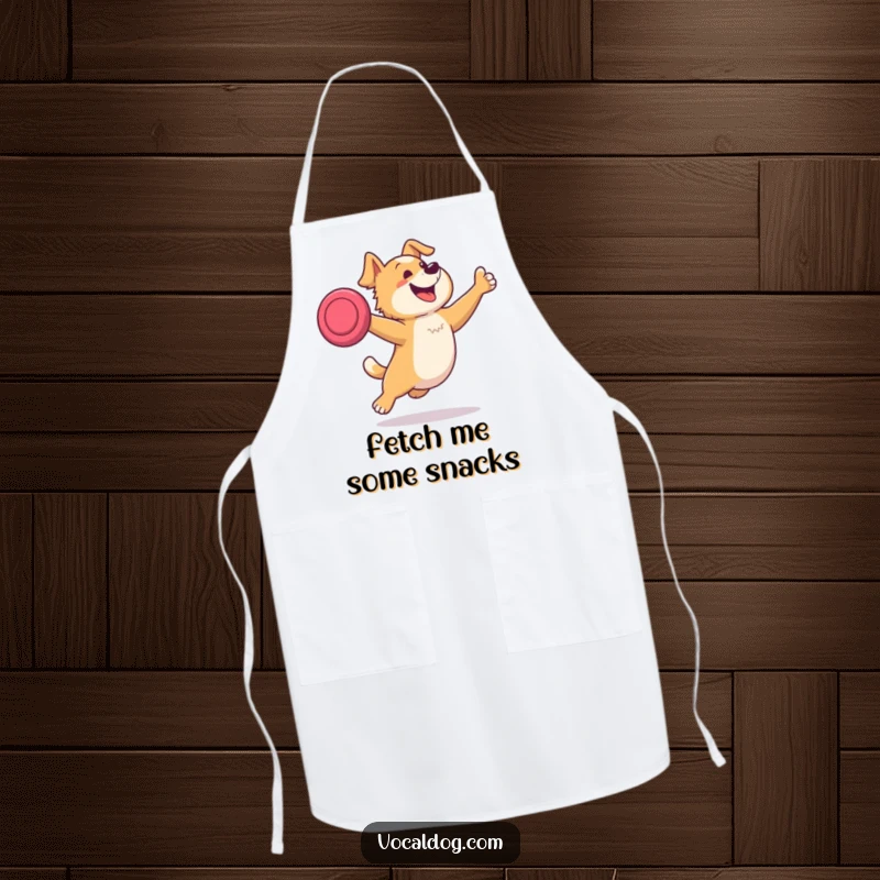 Funny apron featuring a dog leaping high to catch a frisbee, ideal for adding a playful and humorous touch to kitchen activities.