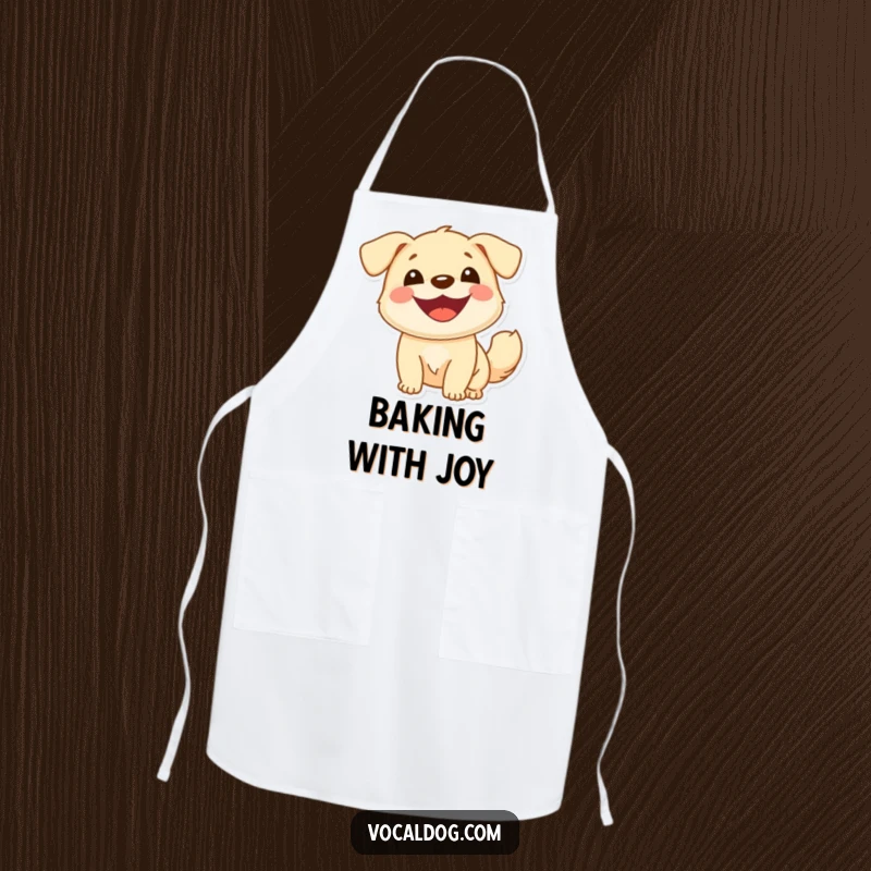 Funny apron showing a cheerful dog with a wide smile and a bouncy tail, adding humorous canine joy to cooking, kitchen accessory.
