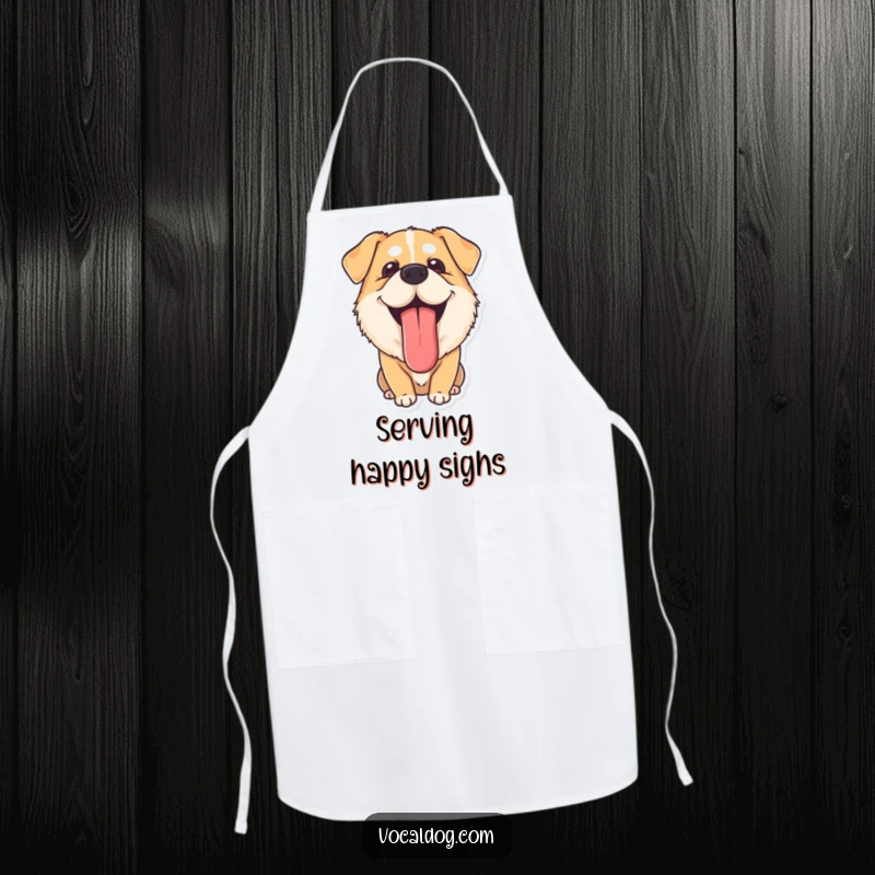 Funny Apron: A dog with its tongue lolling out, looking completely content. This durable and funny apron is perfect for a relaxed cook.