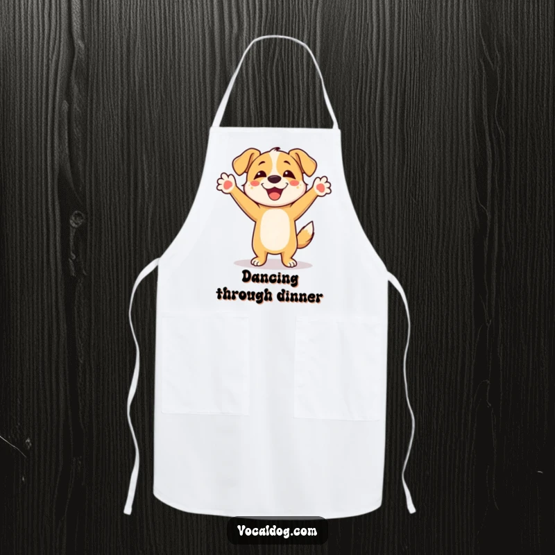 Funny Dog Apron: A kitchen apron depicting a dog energetically dancing with its front paws joyfully lifted high in the air.