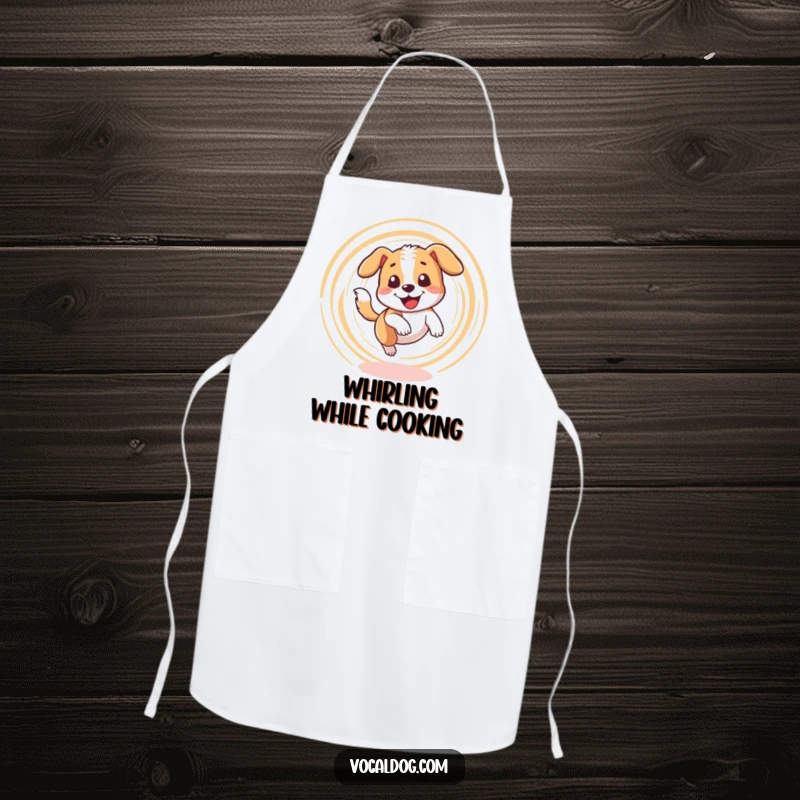 Funny apron with a dog character happily spinning in a dizzy circle while chasing its tail. Great for kitchen fun.