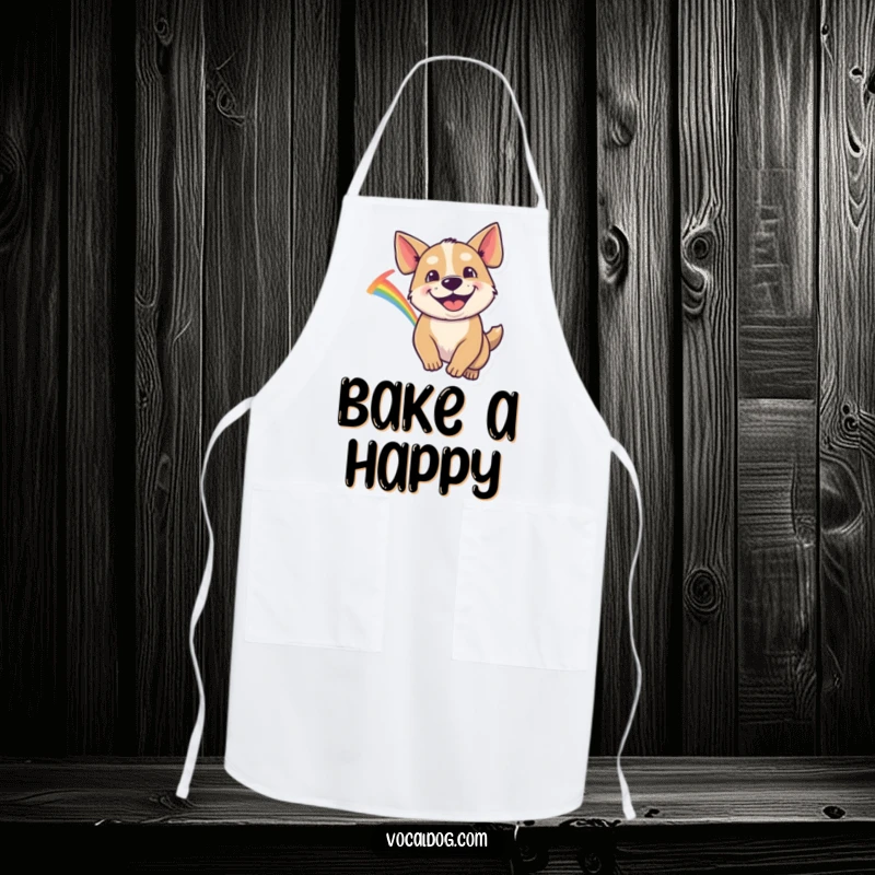 Funny Apron with a dog sporting a goofy grin, joyfully pursuing a rainbow, adding fun to the kitchen.