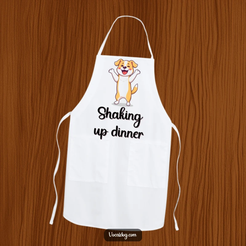 Funny Apron: A dog doing a joyous happy dance on its hind legs. This durable and funny apron is perfect for a happy cook.
