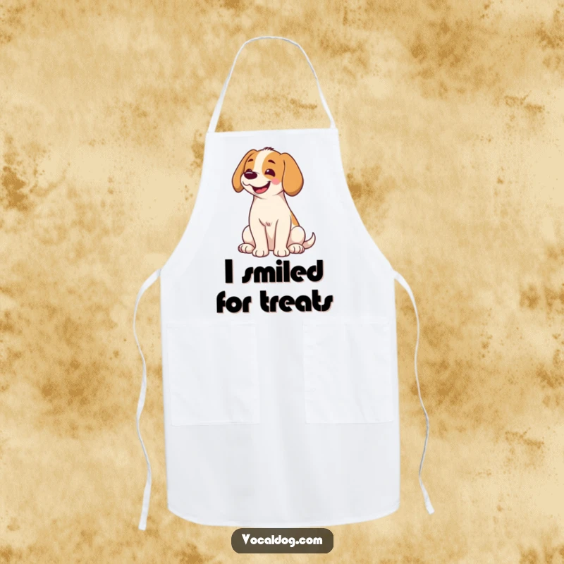 Funny apron with a dog sitting, head tilted, and a big smile, adding a humorous and cute element to cooking and baking sessions.