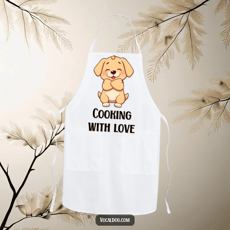 Funny apron design showing a dog character giving a big, warm, loving hug, full of canine affection.