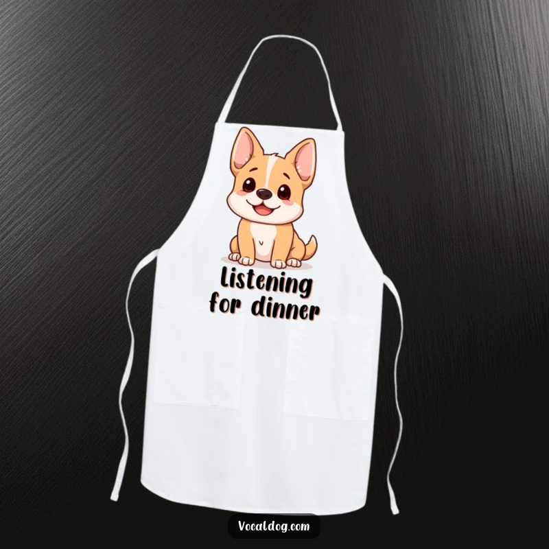 Funny dog apron showing a happy dog with its ears perked up, listening intently, ready for kitchen duties.