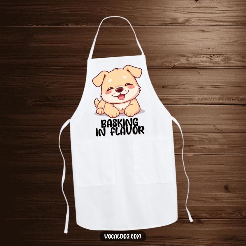 Funny dog apron showing a relaxed, happy dog lightly sunbathing, embodying peaceful kitchen vibes.