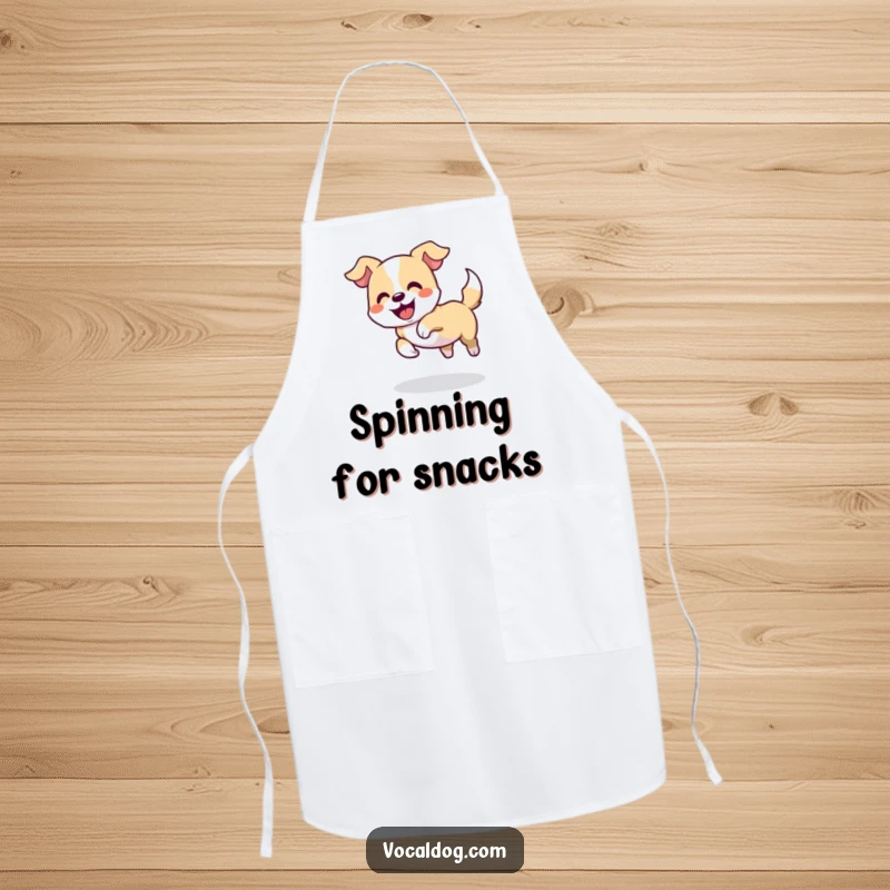 Funny apron showing a dog playfully chasing its tail in a delighted circle, adding humorous canine fun to cooking, kitchen accessory.