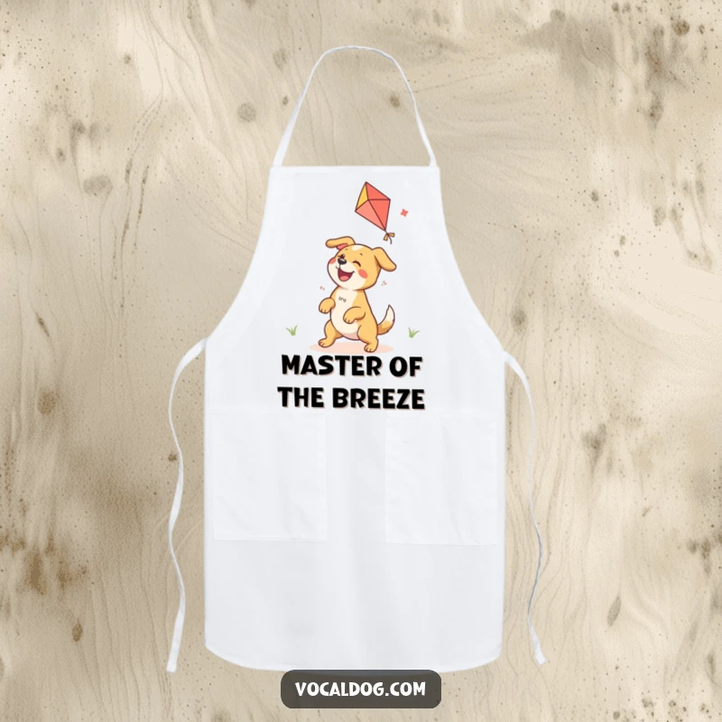 Funny Kitchen Apron showing an ecstatic dog character joyfully playing with a colorful kite, ready for some fun.