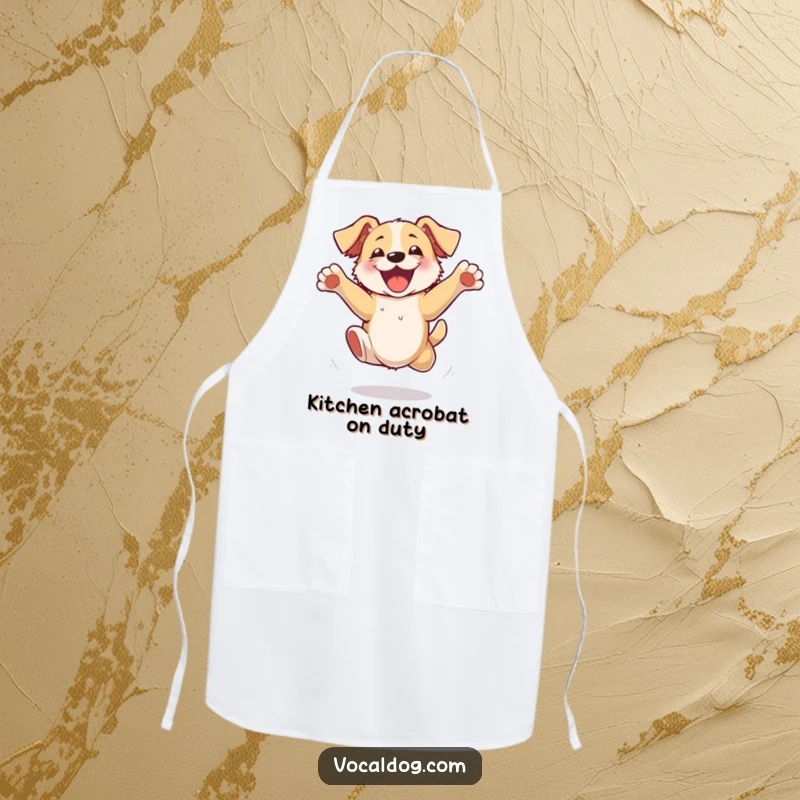 Funny Apron with a dog jumping with unrestrained excitement, paws flailing, adding a humorous and cheerful touch to kitchen tasks.