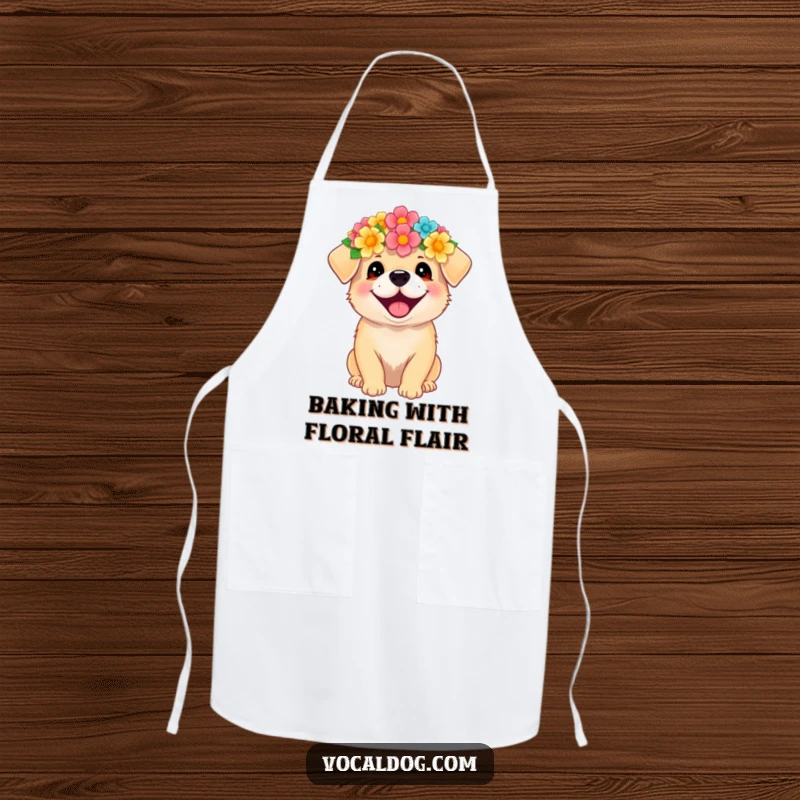 Funny apron with a dog wearing a flower crown, radiating happiness and adding a cheerful touch to cooking.