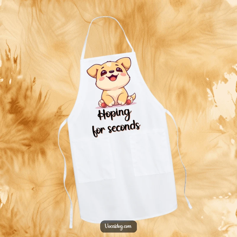 Funny Apron showcasing a joyful dog with tucked paws, gazing upwards, perfect for kitchen duties with a smile.