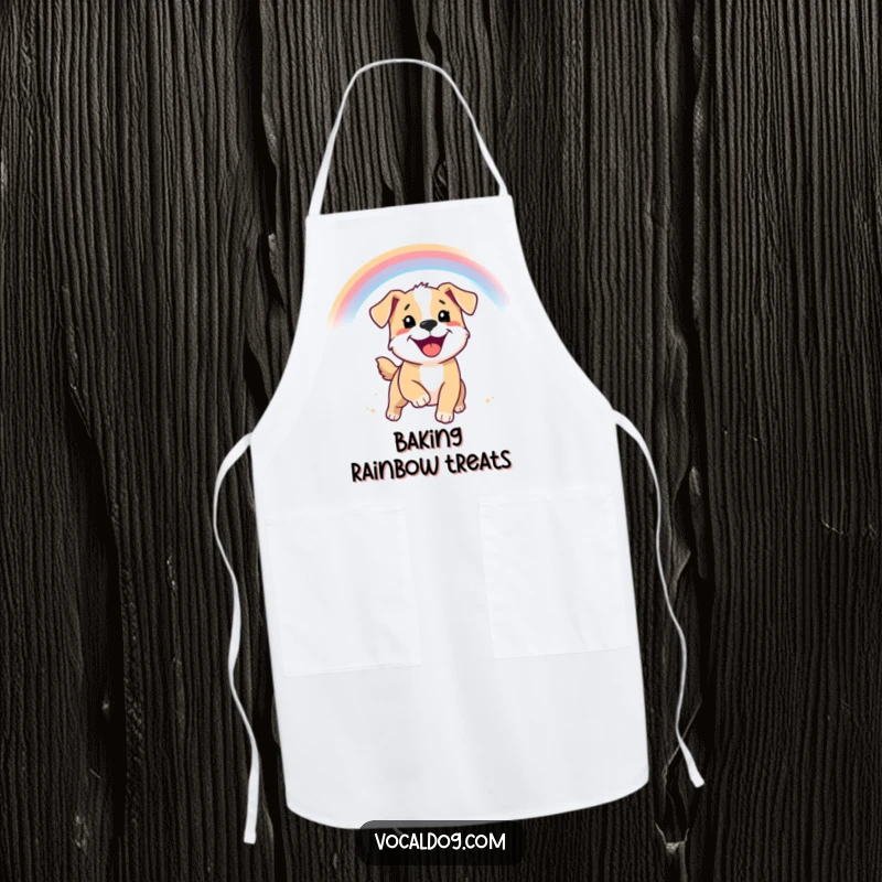 Funny apron with a smiling puppy chasing a rainbow, bringing joy and a touch of magic to the kitchen.