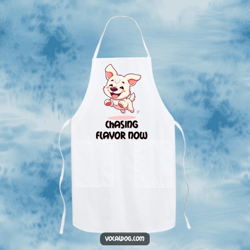 Funny Apron showcasing a dog joyfully running with ears flapping in the wind, perfect for kitchen fun.