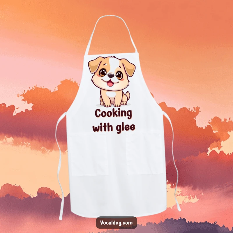 Funny sparkling dog apron with a joyful dog whose eyes gleam and body wags, adding a humorous touch to cooking. Great funny gift.