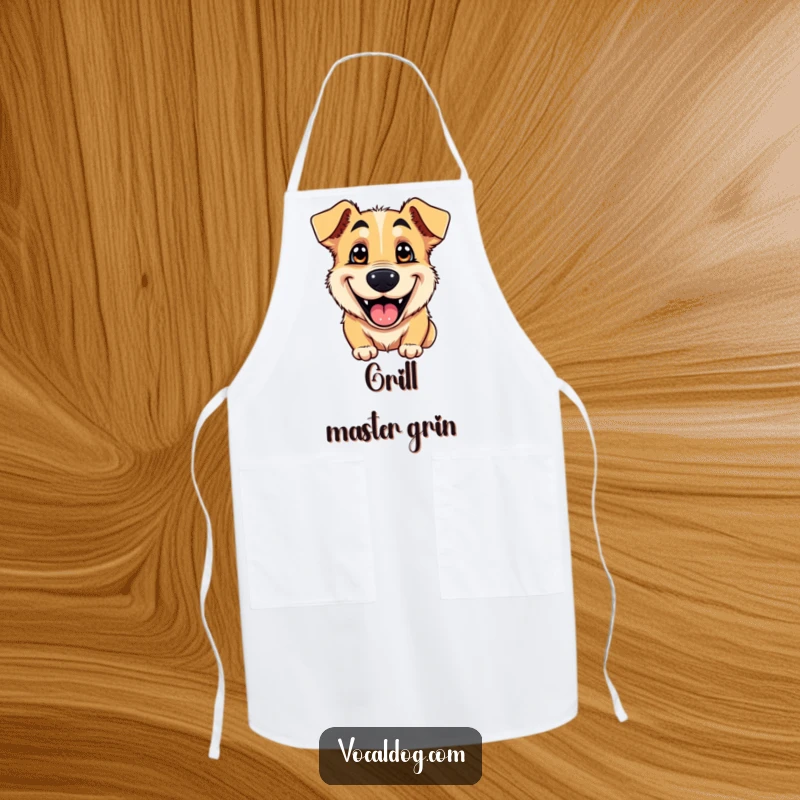 Funny apron depicting a happy dog with a broad, goofy grin and shiny eyes, ready for kitchen duty with a smile.