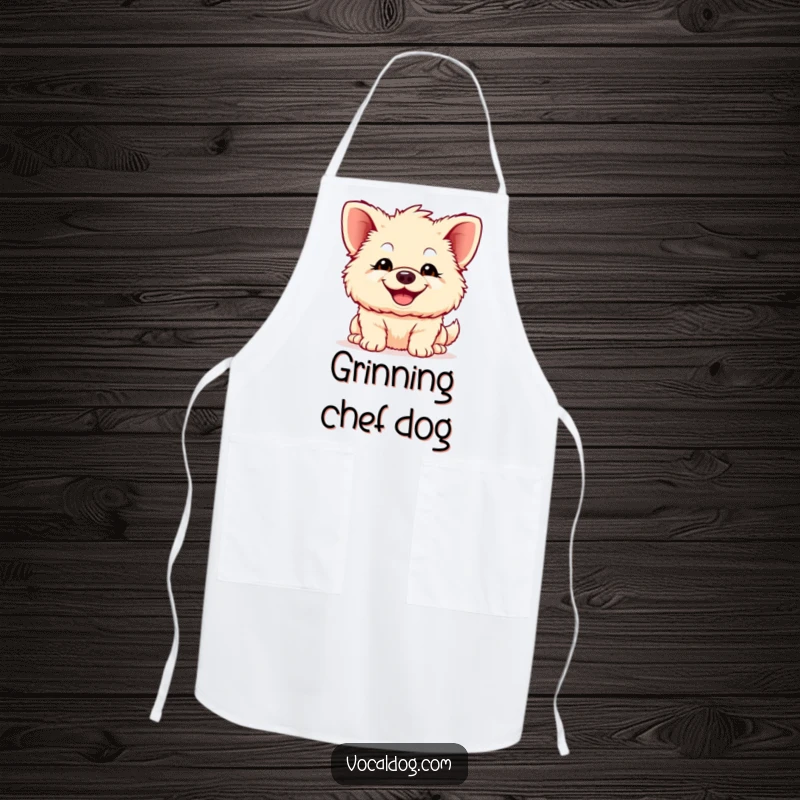 Funny fluffy dog apron, a dog with exaggeratedly large ears and a wide, happy grin, bringing humor and cheer to the kitchen.