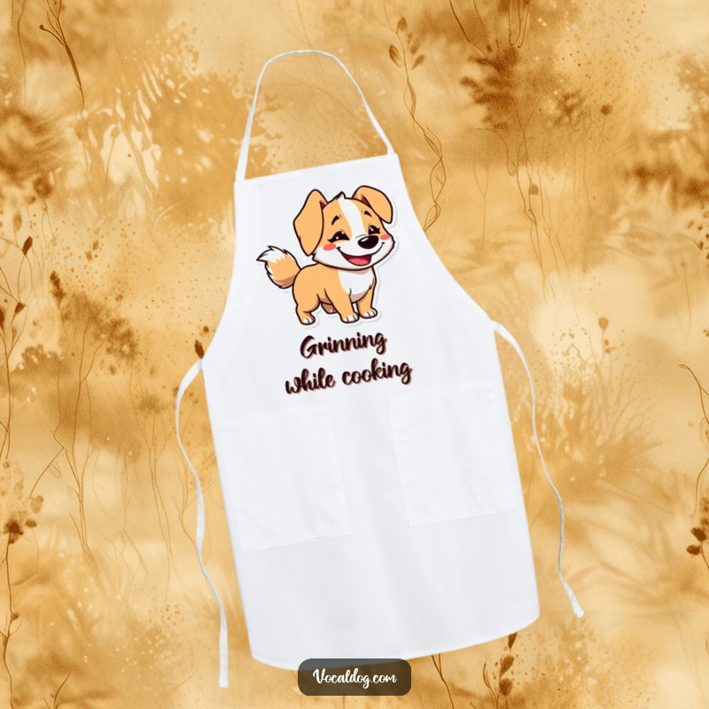 Funny apron depicting a dog character with an enthusiastic goofy grin and a tail wagging so fast it appears as a blur.