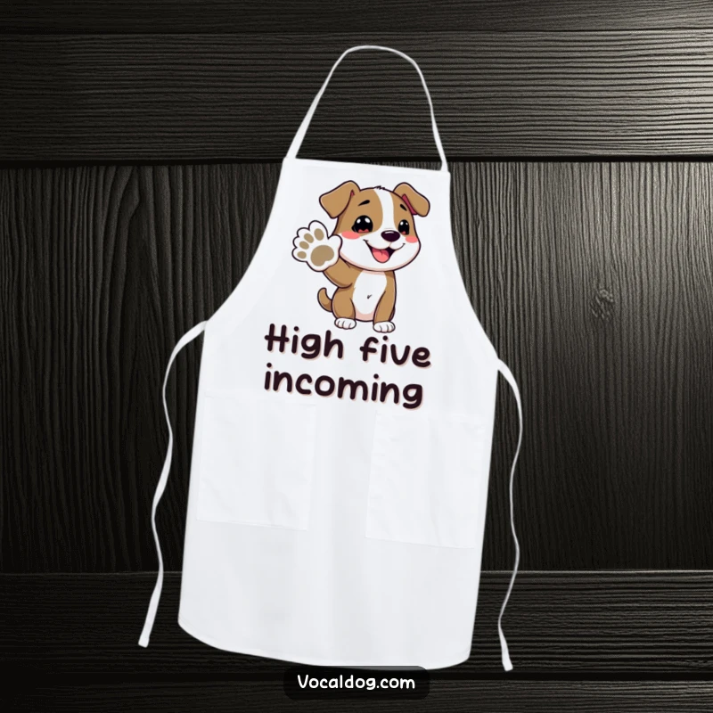 Funny apron with a cute dog character offering its paw, ready to assist in the kitchen with a smile, a humorous touch for cooking enthusiasts.