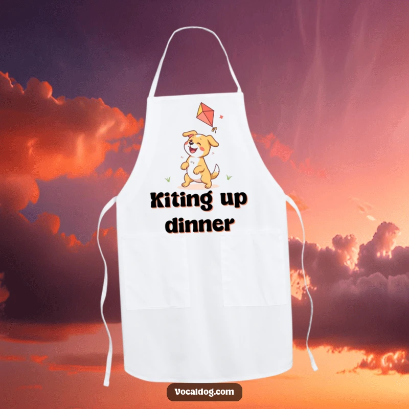 Funny apron showing a dog character ecstatically playing with a colorful kite, ideal for outdoor-themed cooking.