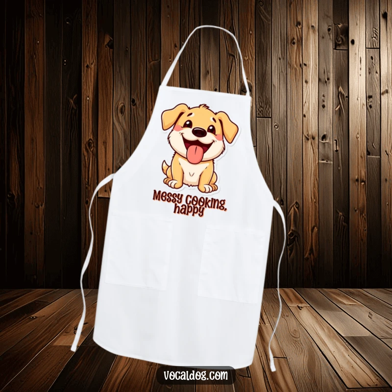 Funny Apron showcasing a dog character with a wide, beaming grin and its tongue out, perfect for kitchen fun.