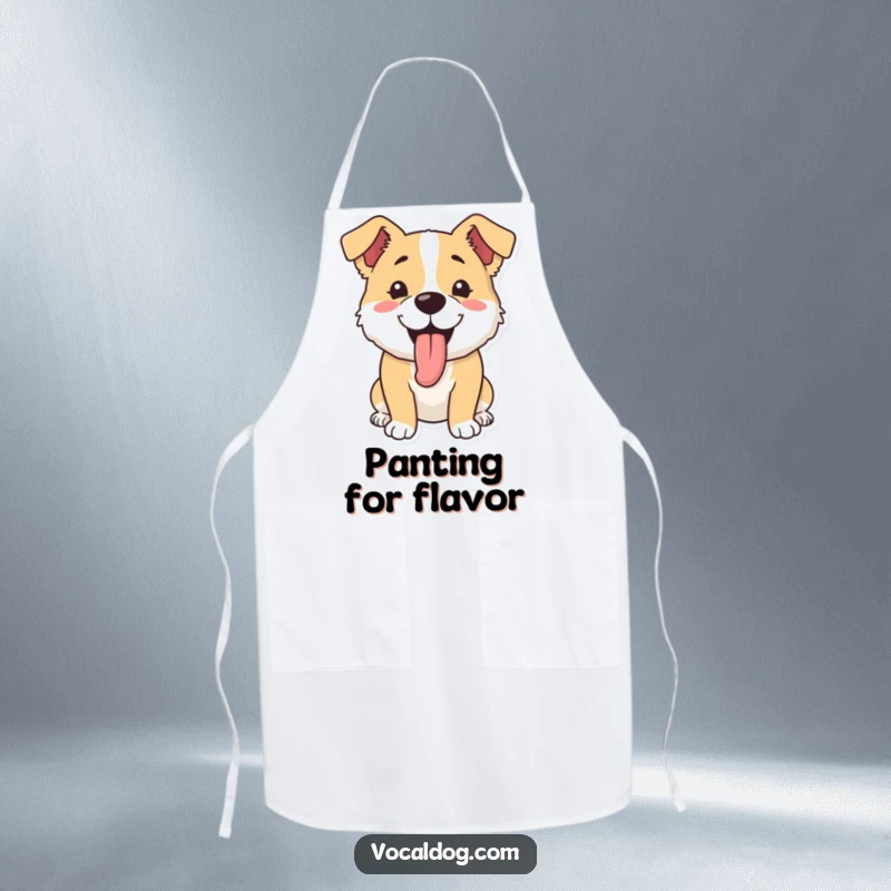 Funny apron depicting a happy dog with its tongue lolling out, panting contentedly, perfect for kitchen duty with a smile.