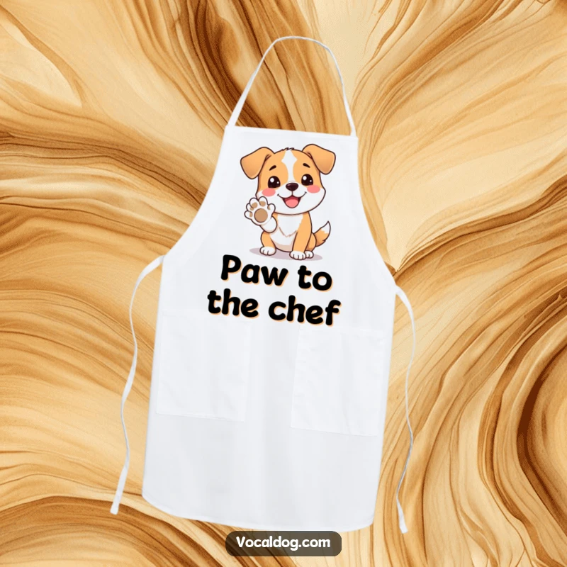Funny apron showing a dog character happily offering its paw, ideal for cooking with a smile.