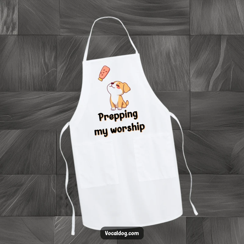 Funny apron showing a dog character’s focused, adoring look up at a floating treat, ready for culinary adventures.