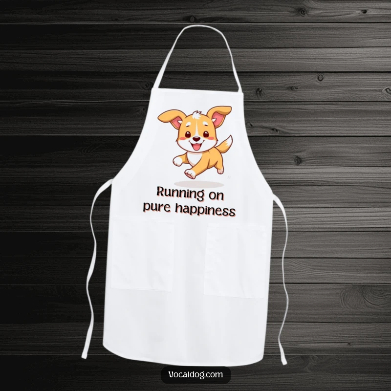 Funny apron depicting a dog running with ears flowing, adding a humorous and dynamic element to kitchen wear for food lovers.