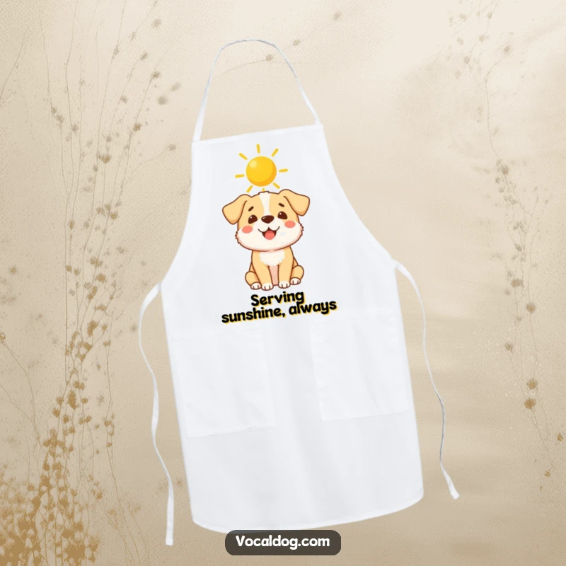 Funny Apron: A cheerful dog wearing a sunshine halo, ready to help in the kitchen with divine, humorous flair.