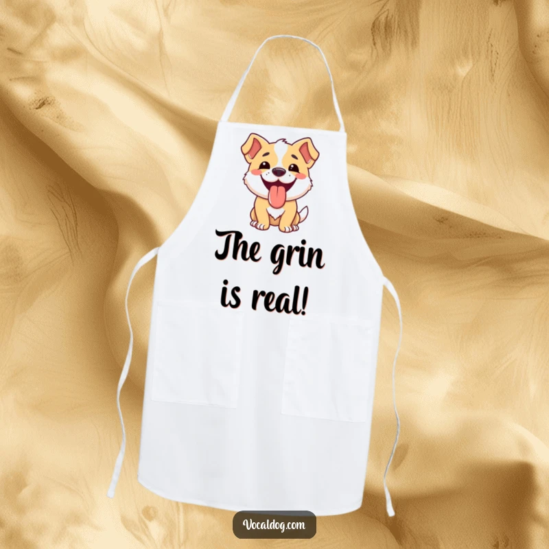Funny dog apron depicting a happy dog with a wide smile and tongue out, perfect for joy-filled cooking.