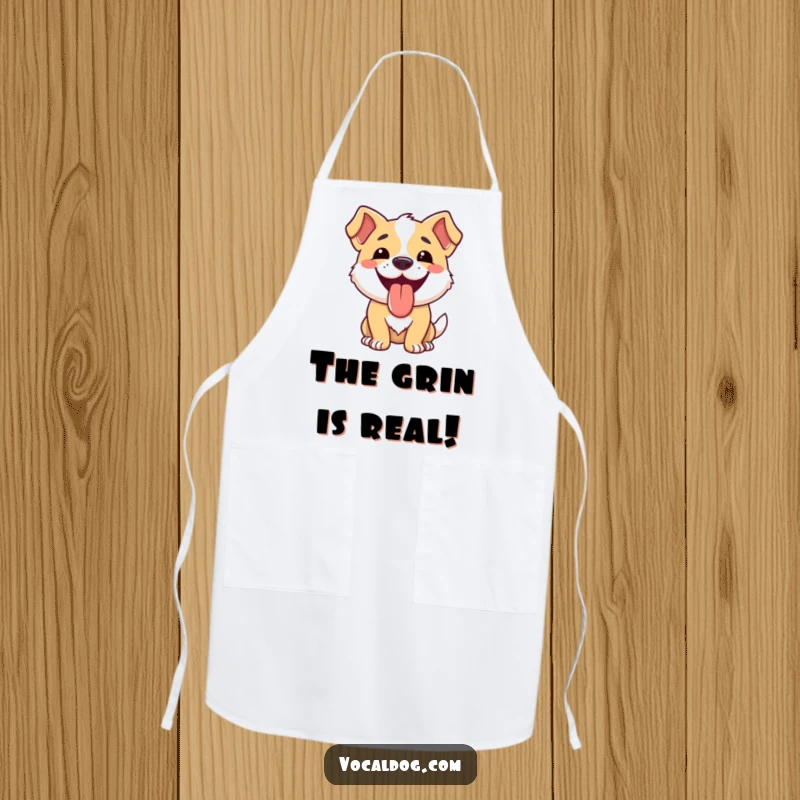 Funny dog apron depicting a happy dog with a wide smile and tongue out, perfect for joy-filled cooking.