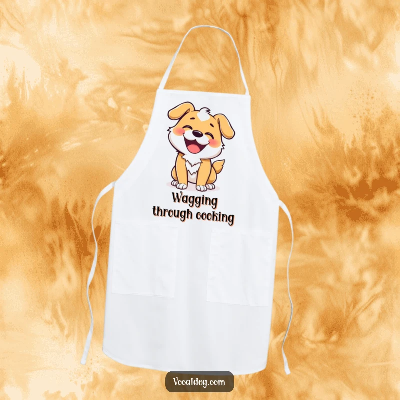 Funny apron showing a dog character in an ecstatic wiggle, radiating pure joy and vibrant energy.