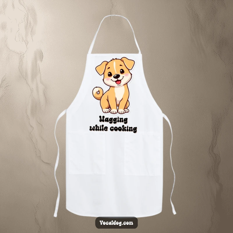 Funny dog apron showing a playful dog with its tail curled into a happy spiral, adding fun to cooking.