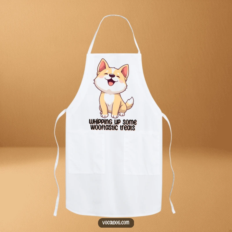 Funny apron with a dog joyfully woofing, head thrown back, perfect for a humorous and happy cooking experience.