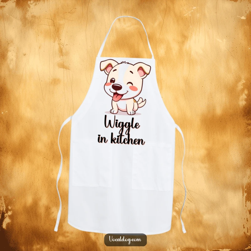 Funny Apron depicting a dog doing a full-body happy wiggle, perfect for kitchen use by dog enthusiasts.