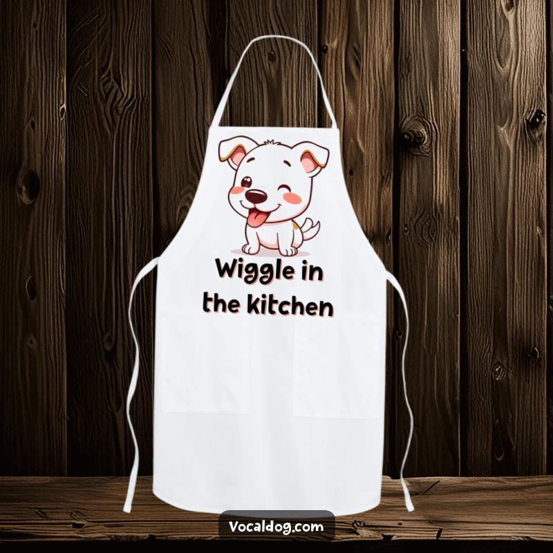 Funny apron depicting a dog character doing its signature happy wiggle, ideal for a joyful cooking experience.