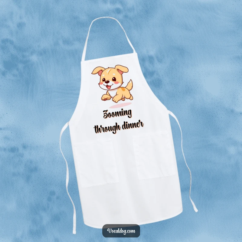 Funny apron showing a dog character running with ears flapping joyfully in the wind, ideal for energetic cooking.
