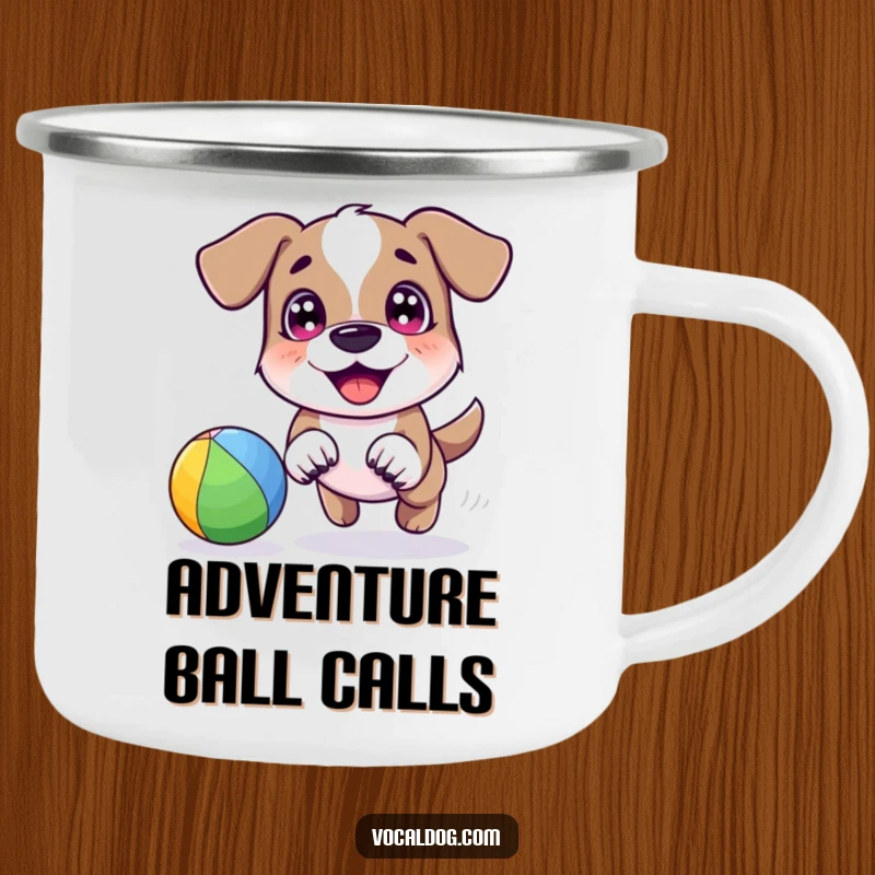 A happy dog character joyfully chasing a vibrant rainbow-colored ball with bright eyes, ideal for a humorous camping mug.